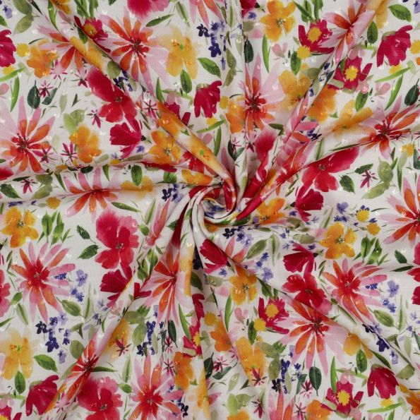 Tissu Plumetis Viscose digital Isolde prairie printanière sur fond Blanc cassé - Par 10 cm