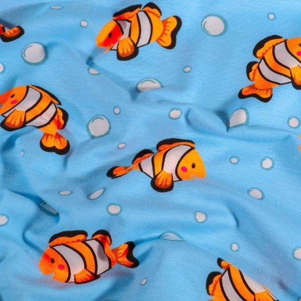 Tissu Jersey coton Poissons Clown sur fond Bleu - Par 10 cm
