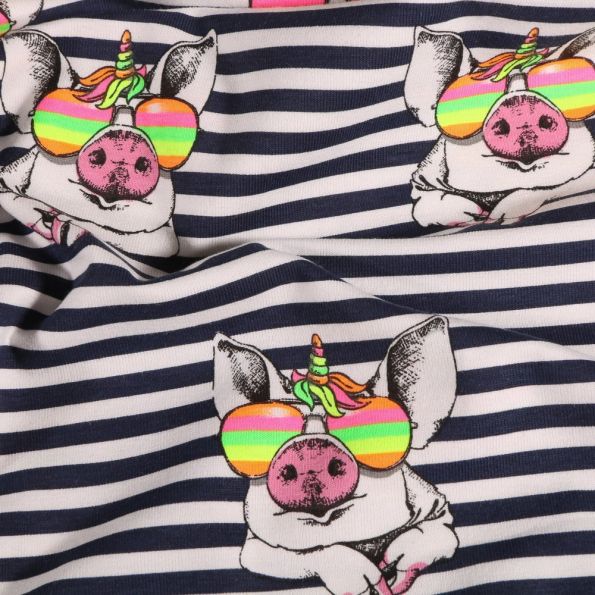 Tissu Jersey coton Cochons licornes Fluo et rayures bleu marine sur fond Blanc - Par 10 cm