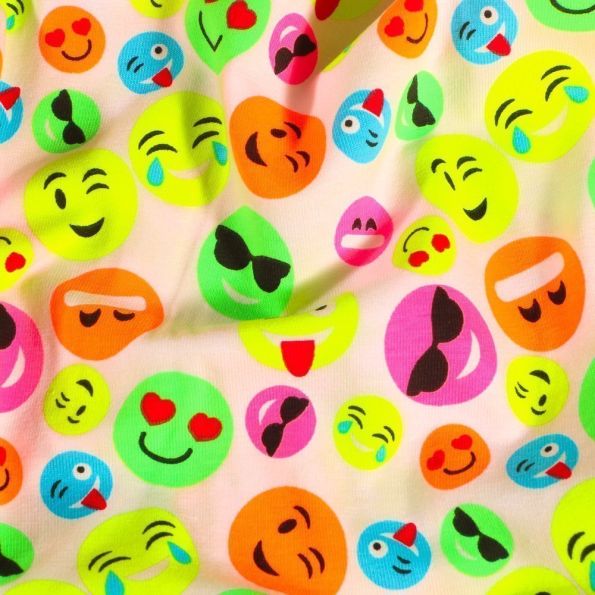 Tissu Jersey coton Smiley Fluo sur fond Blanc - Par 10 cm