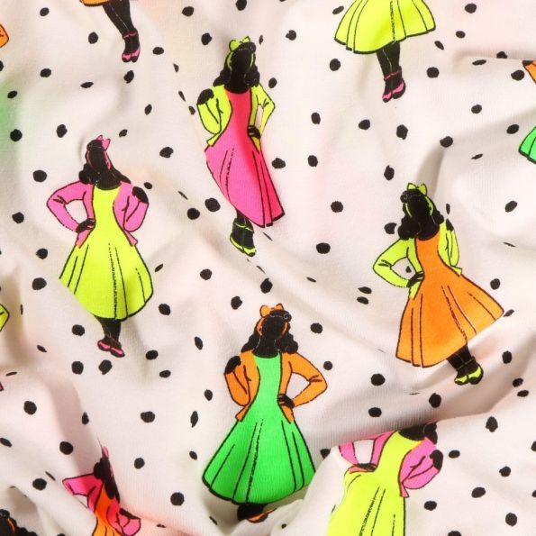 Tissu Jersey coton Pinup Fluo et pois noir sur fond Blanc - Par 10 cm