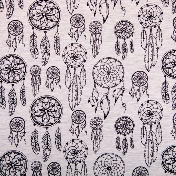Tissu Jersey Coton Beige chiné Attrape-rêves Gris foncé - Par 10 cm