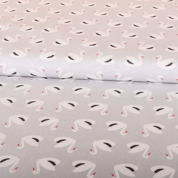 Tissu Coton Imprimés Cygnes Blancs sur fond Gris clair - Par 10 cm