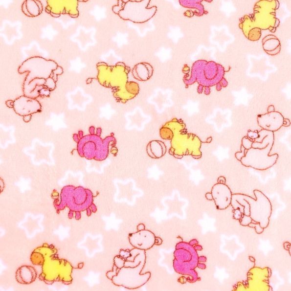 Tissu Doudou Kangourous, Eléphants et Zèbres sur fond Rose bébé - Par 10 cm