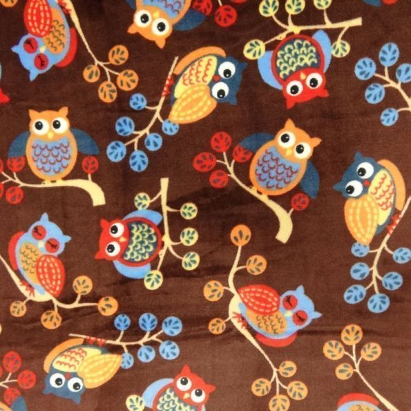 Tissu Doudou Marron Hiboux oranges et bleus x10cm