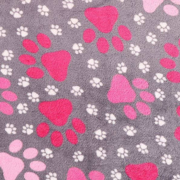 Tissu Doudou Pattes de chat Blanc et rose sur fond Gris - Par 10 cm