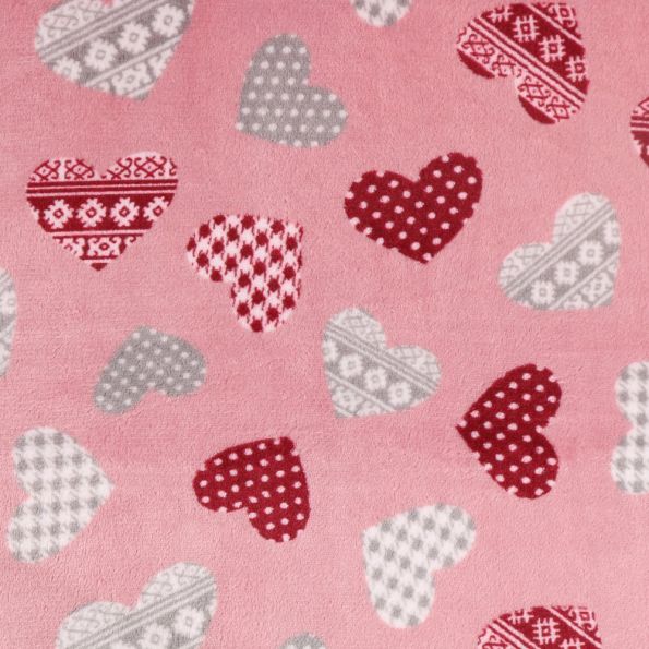 Tissu Doudou Coeurs rouges et gris sur fond Vieux rose - Par 10 cm