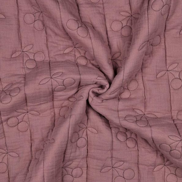 Tissu Double gaze de Coton Matelassé Cerises brodées sur fond Vieux rose - Par 10 cm