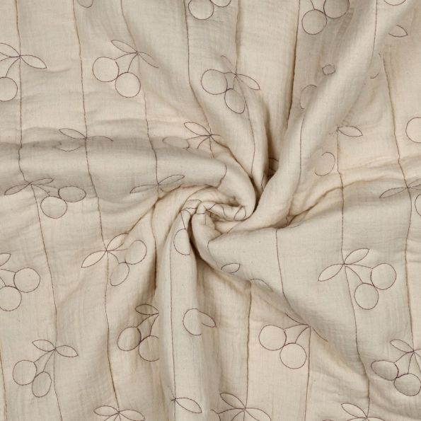 Tissu Double gaze de Coton Matelassé Cerises brodées sur fond Ecru - Par 10 cm