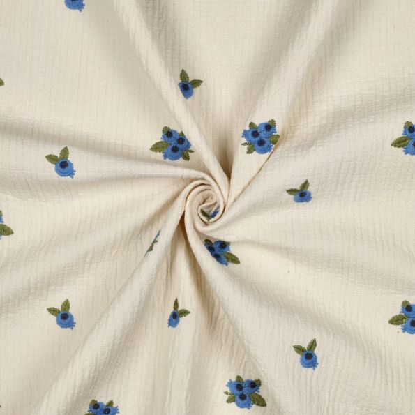 Tissu Double gaze de Coton brodé Myrtille sur fond Ecru - Par 10 cm