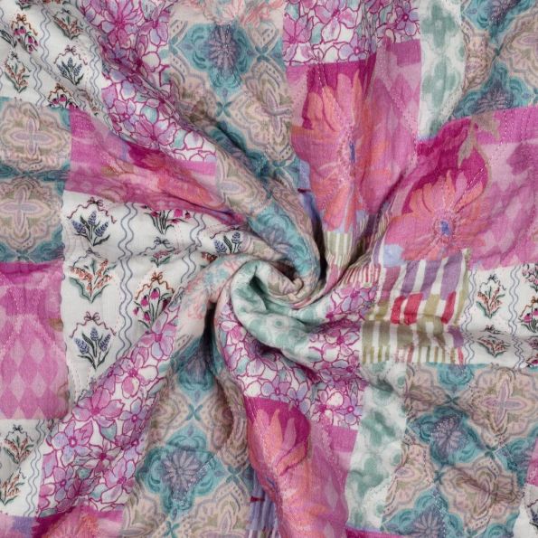 Tissu Double gaze de Coton Matelassé réversible Tara patchwork sur fond Rose clair - Par 10 cm