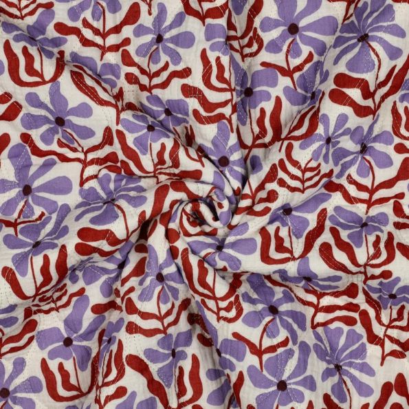 Tissu Double gaze de Coton Matelassé réversible Celia fleurs et motifs sur fond Naturel - Par 10 cm