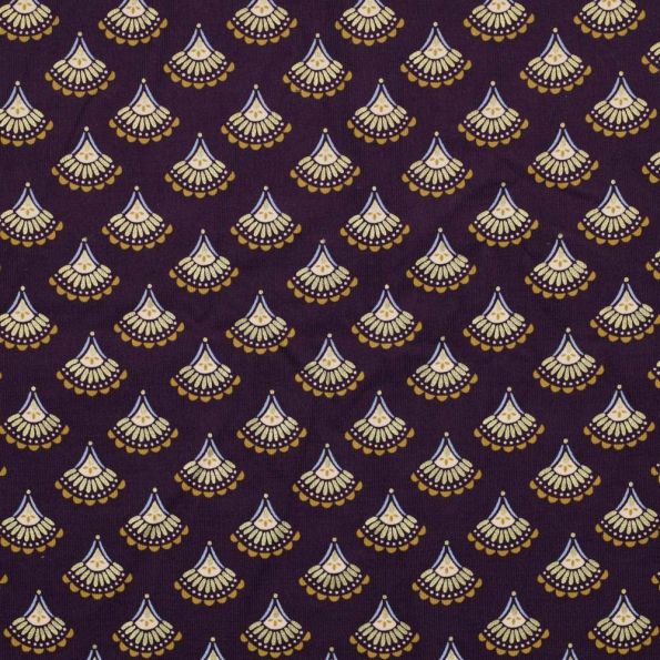 Tissu Velours milleraies Éventail brillant doré sur fond Violet - Par 10 cm