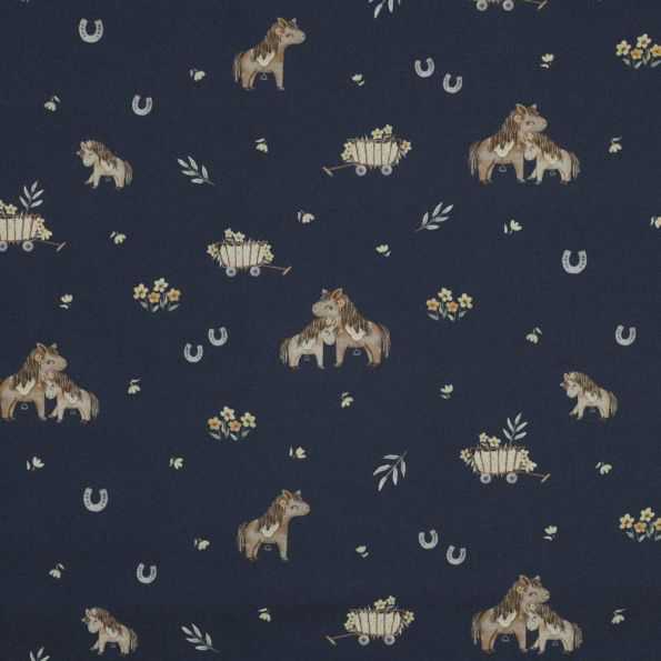 Tissu Popeline de Coton beige Poneya sur fond Bleu marine - Par 10 cm