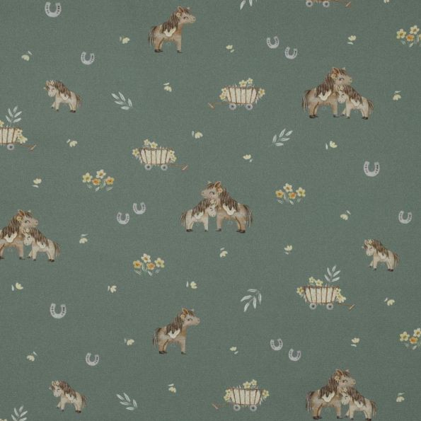 Tissu Popeline de Coton beige Poneya sur fond Vert amande - Par 10 cm