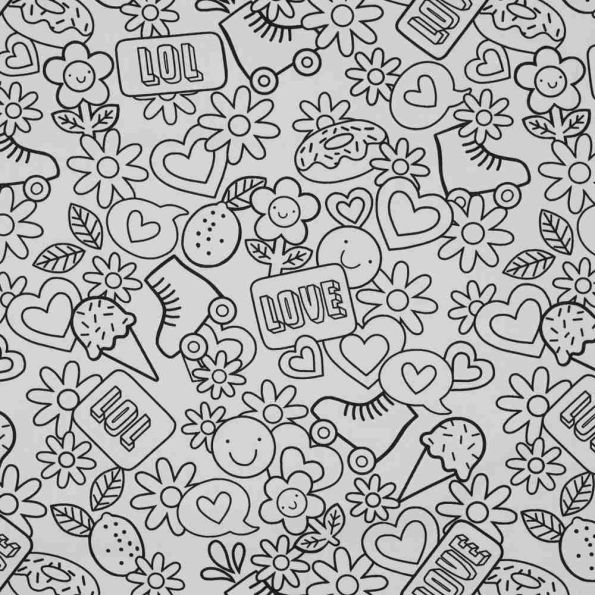 Tissu Coton à colorier Arty Love sur fond Blanc - Par 10 cm