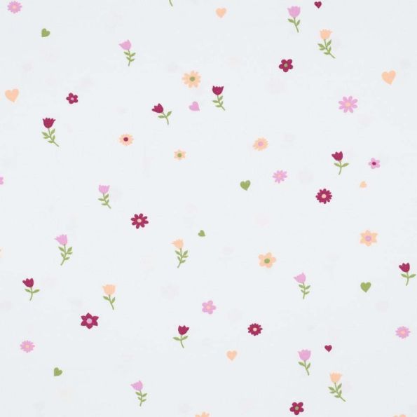 Tissu Jersey Coton Petites fleurs et coeurs sur fond Blanc - Par 10 cm