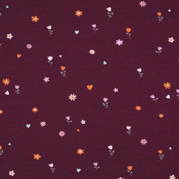 Tissu Jersey Coton Petites fleurs et coeurs sur fond Bordeaux - Par 10 cm