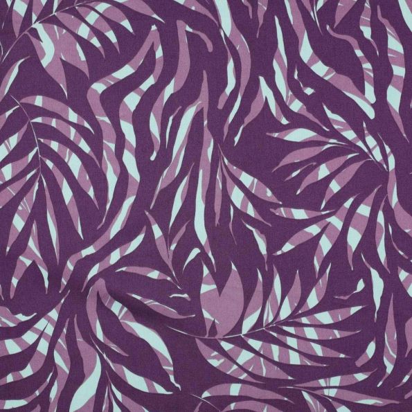 Tissu Coton Satin Tropical sur fond Violet - Par 10 cm