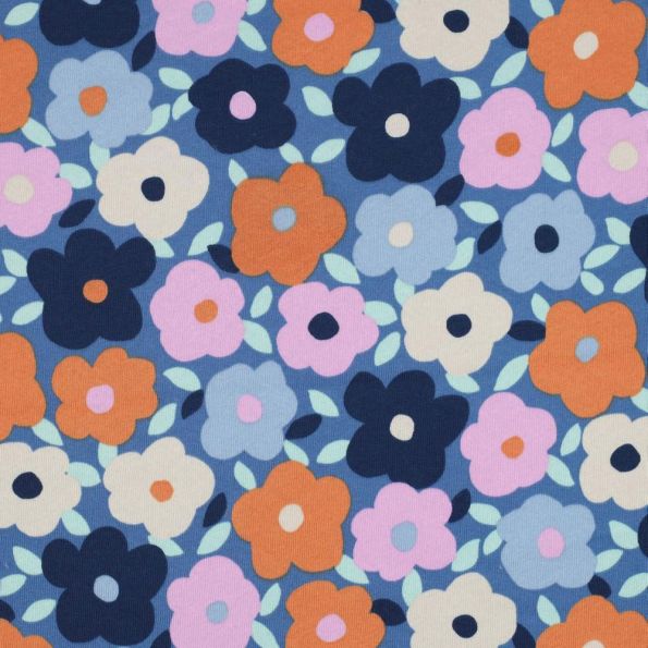 Tissu Sweat envers molleton Poppy Fleurs sur fond Bleu - Par 10 cm