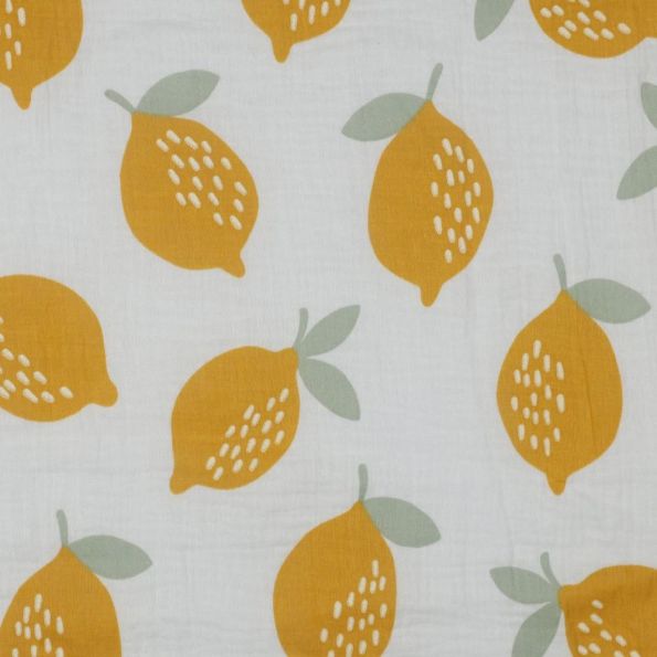 Tissu Double gaze de Coton Poppy Citrons sur fond Blanc - Par 10 cm