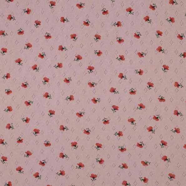 Tissu Jersey Coton ajouré Petites roses rouges sur fond Rose - Coupon de 100 cm