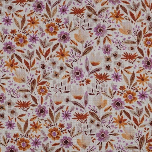 Tissu Nid d'abeille imprimé Fleuris sur fond Ecru - Par 10 cm