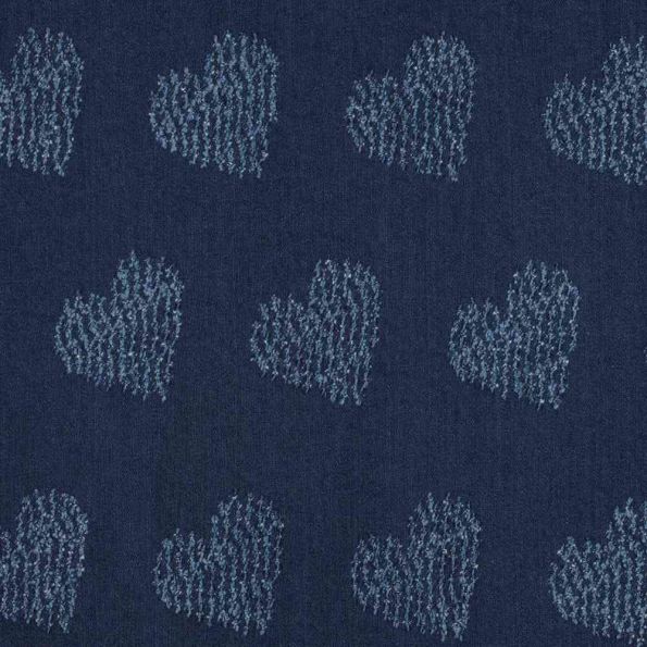 Tissu Jeans Denim coeur plumetis Lovinblue bleu sur fond Bleu marine - Par 10 cm