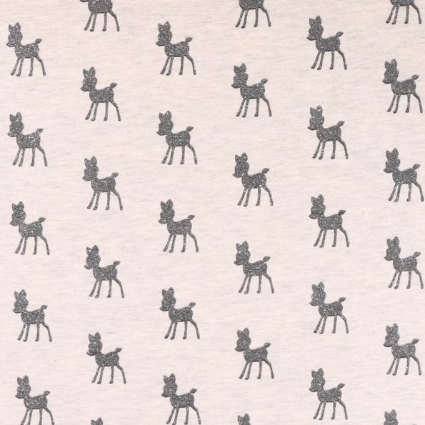 Tissu sweat Biches grises à paillettes sur fond Beige chiné - Par 10 cm