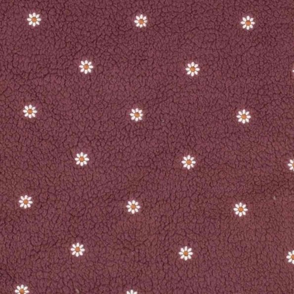 Tissu Sherpa paquerettes brodées Héloise sur fond Aubergine - Par 10 cm