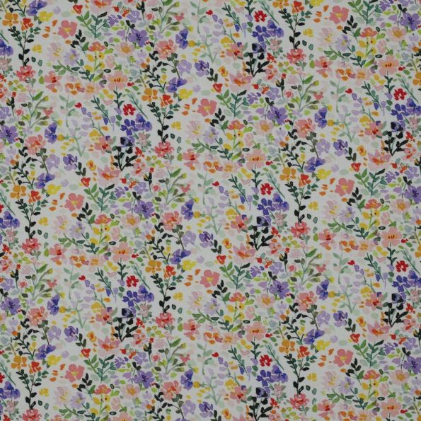 Tissu Viscose Fleurs Marie sur fond Blanc - Par 10 cm