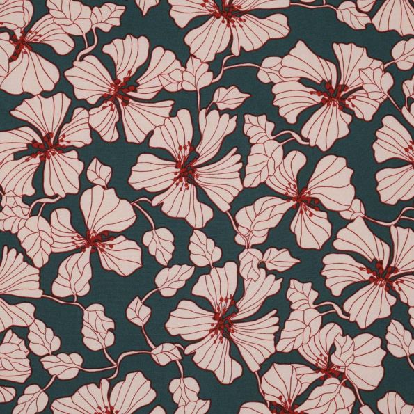 Tissu Viscose Floral sur fond Vert canard - Par 10 cm