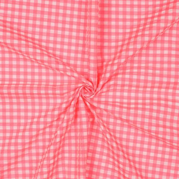 Tissu vichy Lyna Rose Fluo Petits carreaux sur fond Blanc - Par 10 cm