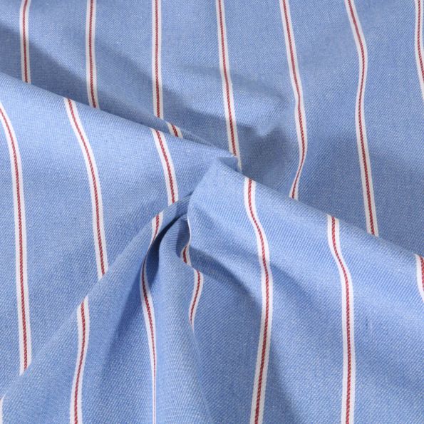 Tissu Denim jeans Coton Rayé blanc et rouge sur fond Bleu - Par 10 cm