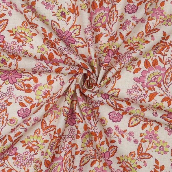 Tissu Lin Viscose imprimé digital Floral rétro Rose, Orange et Vert sur fond Naturel - Par 10 cm