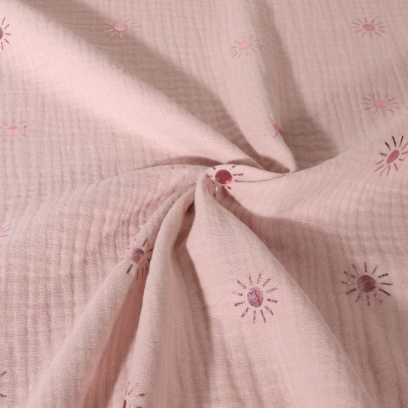 Tissu Double gaze de Coton Motif soleil foil sur fond Rose - Par 10 cm