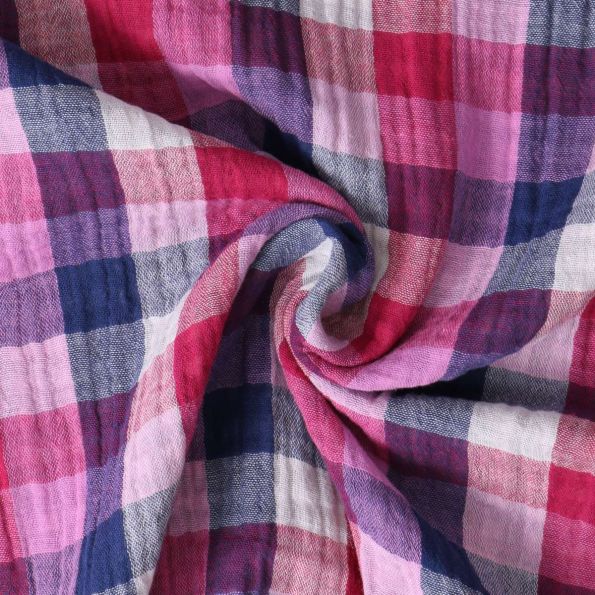 Tissu Double gaze de Coton Gabrielle carreaux Bleus et Rouges sur fond Blanc - Par 10 cm