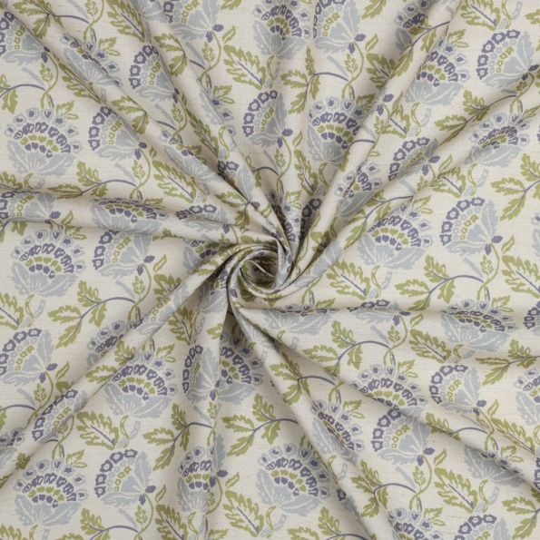 Tissu Lin Viscose imprimé digital Floral Bleu et Vert sur fond Ecru - Par 10 cm