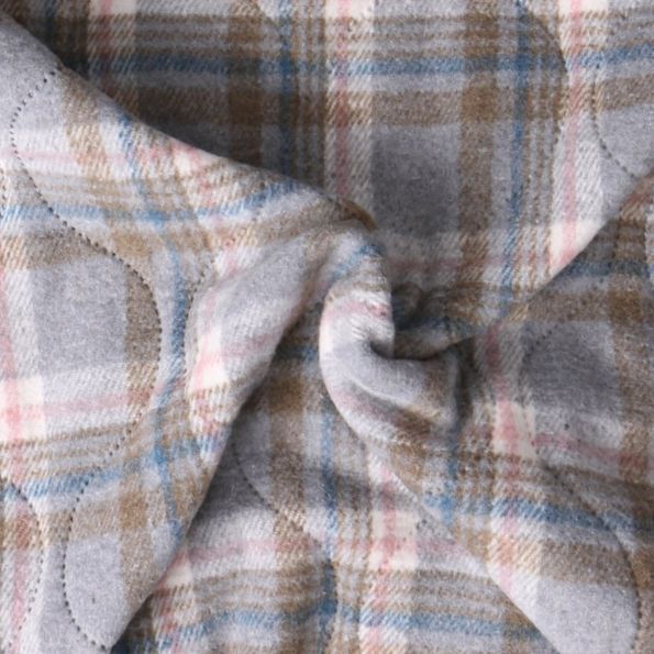 Tissu Matelassé Ciarra tout doux  envers doudoune carreaux Roses et Bleus sur fond Gris - Par 10 cm