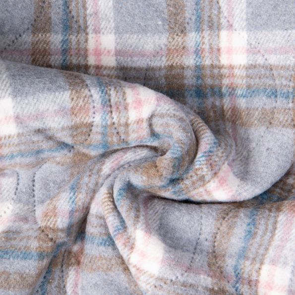 Tissu Matelassé Ciarra tout doux envers doudoune carreaux Roses et Bleus sur fond Gris - Par 10 cm