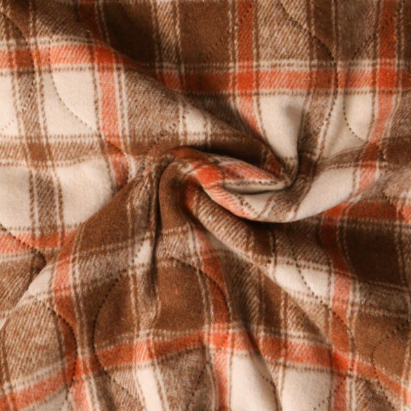Tissu Matelassé Ciarra tout doux  envers doudoune carreaux Oranges et Bruns sur fond Beige - Par 10 cm