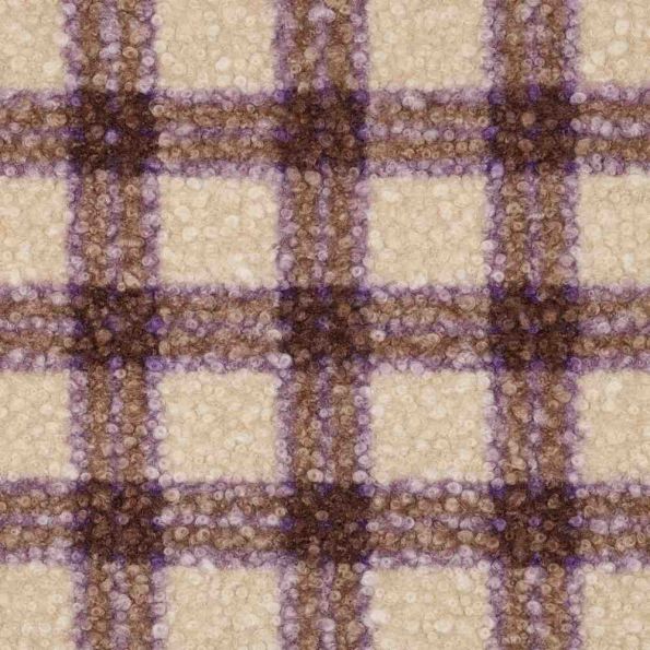 Tissu Fausse fourrure Bouclette Léo carreaux Violets sur fond Beige - Par 10 cm