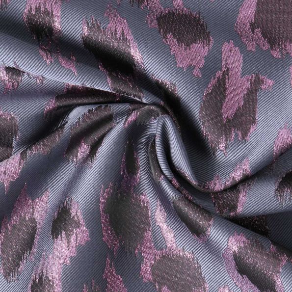 Tissu Jacquard Angèle motif texturé léopard Mauve sur fond Gris acier - Par 10 cm