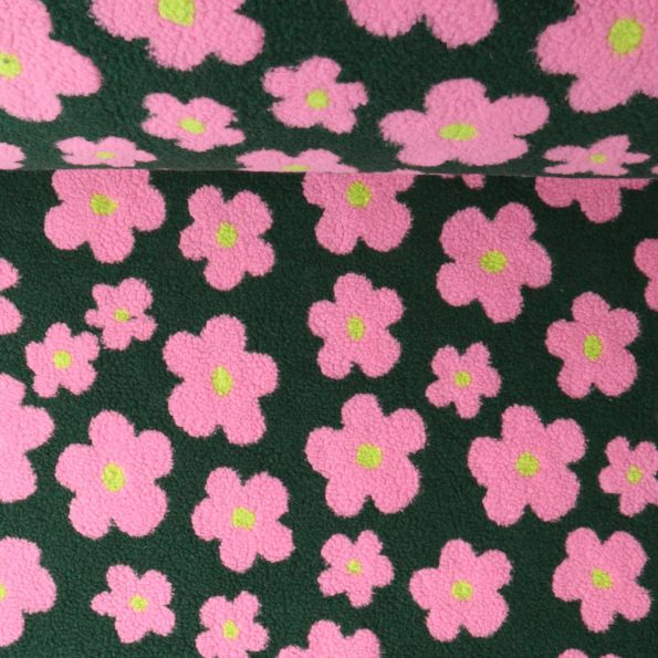 Tissu Fausse fourrure Mouton Elya fleurs Roses sur fond Vert kaki foncé - Par 10 cm