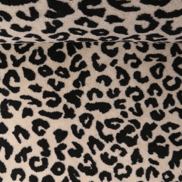 Tissu Fausse fourrure Mouton Kaïa imprimé léopard Noir sur fond Beige clair - Par 10 cm