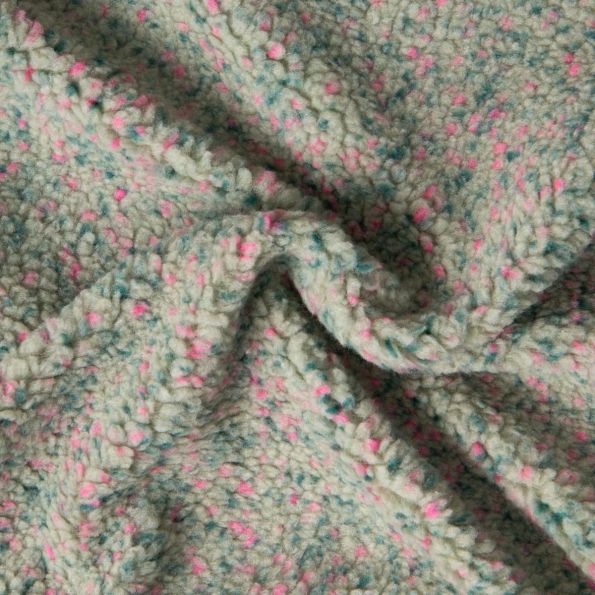Tissu Fausse fourrure Mouton Toundra moucheté Rose et Vert sur fond Vert d'eau - Par 10 cm