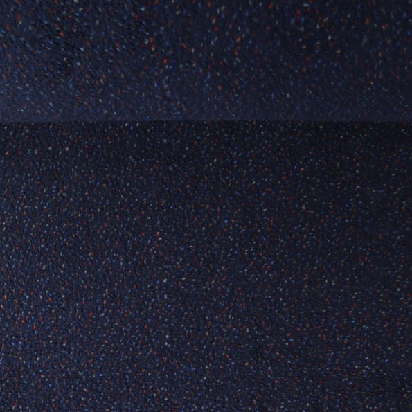 Tissu Fausse fourrure Mouton Toundra moucheté Rouge sur fond Bleu marine - Par 10 cm