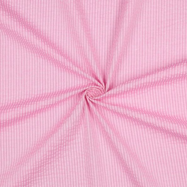 Tissu Seersucker Coton Rayures sur fond Rose - Par 10 cm