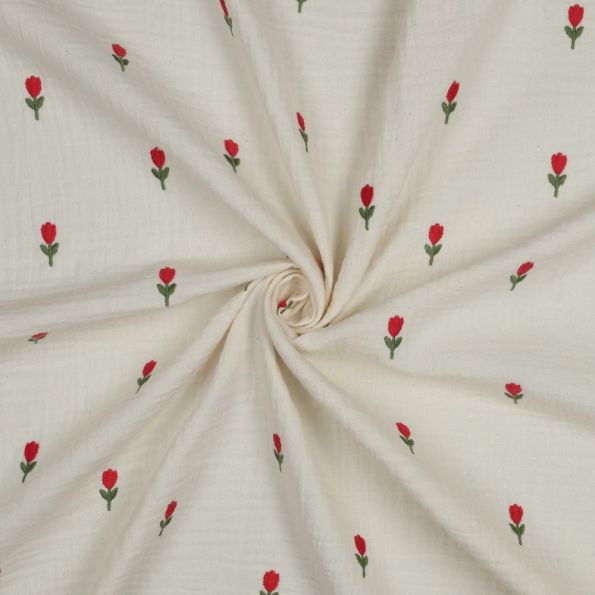 Tissu Double gaze de Coton Tulipes Rouge brodé sur fond Ecru - Par 10 cm