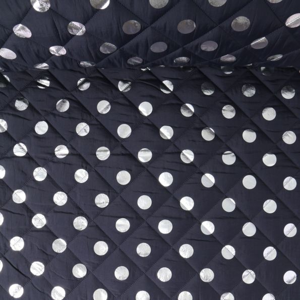 Tissu Doudoune matelassé Nathacha pois Argent sur fond Bleu marine - Par 10 cm